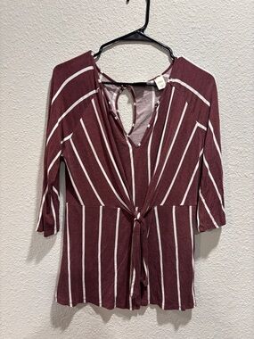Daytrip Maroon & White Striped Tie-Front Tunic